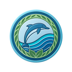 Fototapeta premium Illustration of a playful dolphin jumping over ocean waves inside a decorative circular frame, isolated on transparent background