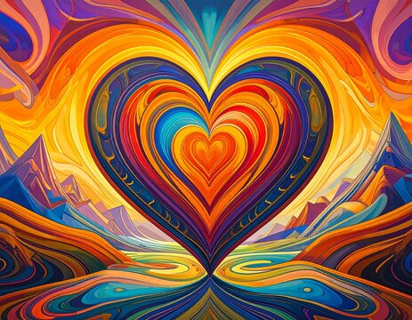 Colorful abstract red heart illustration on vibrant psychedelic background, red heart 
