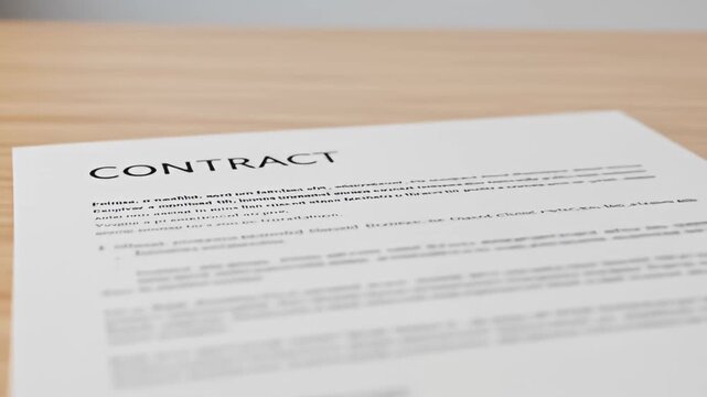 Contract" document rests on a light wood grain table against a neutral wall backdrop