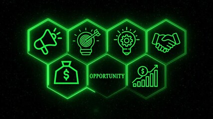 Neon finance and investment icon set - globbing digital dollar, strategy, security and innovation symbols for business growth and financial planning, motion 4k video - Powered by Adobe