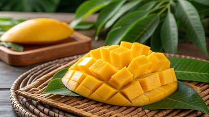 Vibrant Ripe Mango Cubes on Woven Mat with Tropical Leaves, Fresh Fruit Still Life