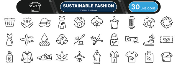 Sustainable fashion and clothing icon collection, editable thin outline set for eco textile, organic apparel, recycling and green lifestyle