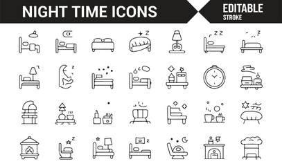 Sleep, relaxation, and bedtime icons in a simple line art style