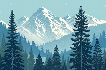 Majestic mountain forest with snow-capped peaks. © graphix