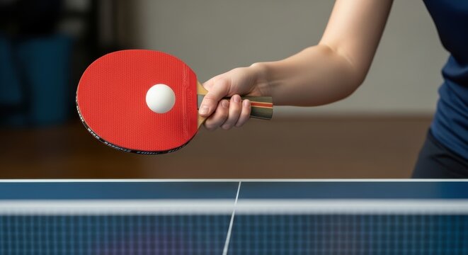 Female adult playing table tennis with red paddle and ping pong ball