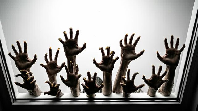 Spooky Zombie Hands Scratching at Window - Numerous zombie hands with long, sharp fingernails claw at a window from the outside.