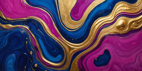 Fototapeta premium Mesmerizing fluid abstract art, vibrant, swirling deep blue, shimmering gold, rich purple. Organic flowing lines of flowing paint, glossy finish