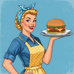 Retro diner waitress serving a delicious hamburger