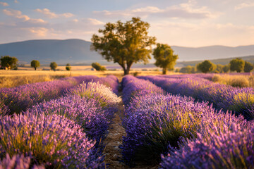 Naklejka premium beautiful lavender field with the sun setting in the background.