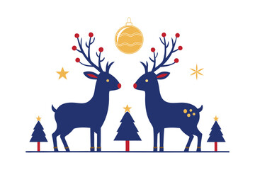 Two Reindeers Facing Each Other with Stars and Christmas Tree Design
