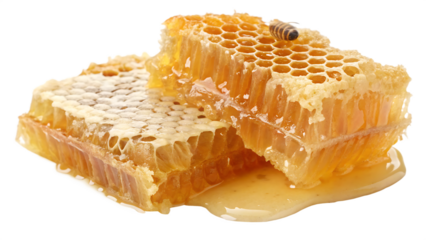 Golden Comb: A close-up photograph showcases the intricate detail of golden honeycomb, with a single bee, dripping with natural honey, against a background that enhances the warm, inviting tones PNG. 