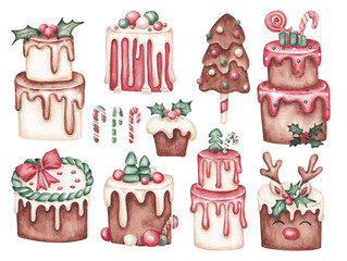 Watercolor hand-drawn Christmas desserts - chocolate, cakes, cupcake, candy canes. Traditional festive sweets. Design elements for greeting card, banner, invitation