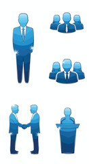 Blue business people icons including team meeting handshake and corporate presentation