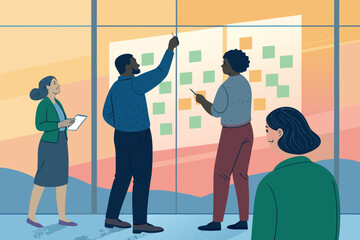Office workers collaborate using sticky notes for idea generation.