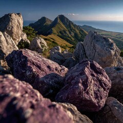 Rocky mountain vista.?A close-up view of various sized rocks, some light gray