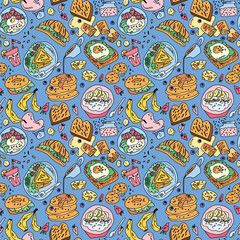 seamless pattern with breakfast dishes, porridge, sandwiches, eggs on blue background