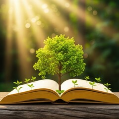 Tree of knowledge grows from open book in sunlight