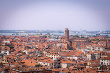 Panoramic view over Venetian rooftops and lagoon