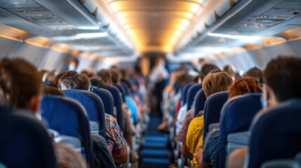 Rows of passengers are seated in an airplane cabin, engaged in conversations and preparing for departure. Overhead lights create a warm atmosphere during the flight