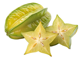 Fototapeta premium Fresh ripe star fruit slices and whole fruit on black background