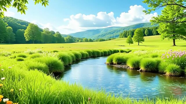 Vibrant summer meadow with a winding stream, wildflowers, and rolling green hills under a blue sky.
