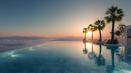 Serene Infinity Pool at Sunset with Palm Trees and Calm Waters