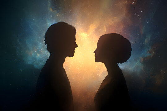 Man and woman silhouettes at abstract cosmic background. Human souls couple in love. Astral body, esoteric and spiritual life concept. 
