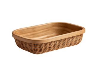 Empty Rectangular Woven Basket with Wooden Trim wicker isolated on a transparent background