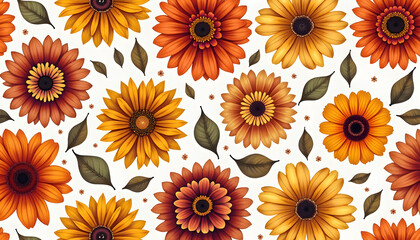 Watercolor sunflowers form a stunning seamless pattern with an autumnal color palette.