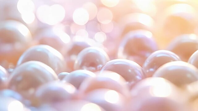 Close-up of softly lit, pink-hued pearls with bokeh effects in the background
