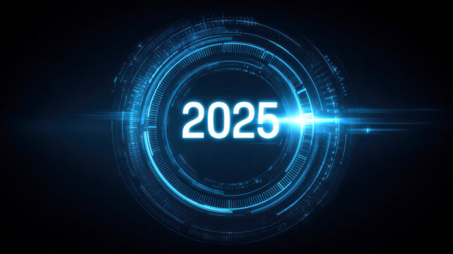 A glowing number 2025 is displayed in a modern digital style, surrounded by futuristic circular graphics and blue light effects, conveying a sense of advanced technology