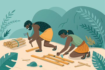 Obraz premium Prehistoric humans constructing wooden traps for animals.