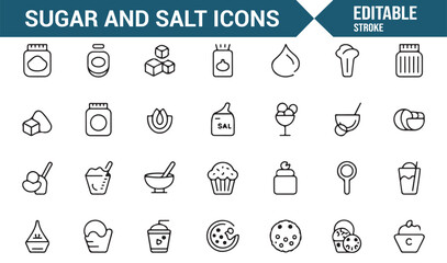 Clean and modern set of sugar and salt icons in an editable stroke style.