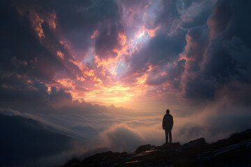 Silhouette of alone person looking at heaven. Lonely man standing in fantasy landscape with shining cloudy sky. Meditation and spiritual life.&nbsp;