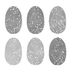 Six Stylized Pink and White Fingerprints on Black Background: Identity, Security, and Privacy Concept