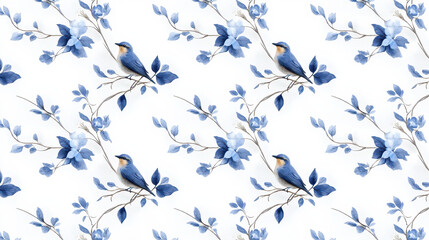 Beautiful blue birds perched branches with delicate blue flowers create serene and elegant pattern. This design is perfect