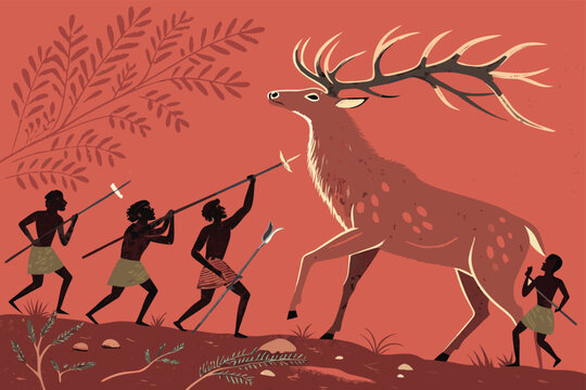 Prehistoric hunters spearing a giant deer in ancient landscape.
