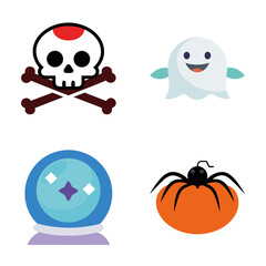 Fototapeta premium Four halloween icons featuring a skull and crossbones a ghost a crystal ball and a jack o lantern