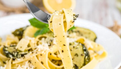 Close-up of pasta with zucchini