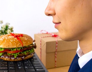Close-up of person looking at burger on keyboard