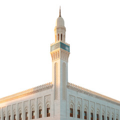 Serene Mosque Corner: Warm Sunrise Light, Intricate Architectural Detail, Islamic Design, White...