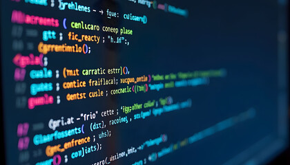 Abstract view of computer code with colorful syntax on a dark background.