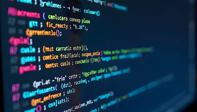 Abstract view of computer code with colorful syntax on a dark background.