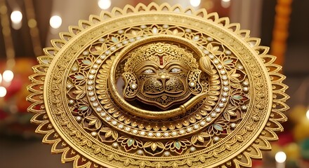 Obraz premium Discover the divine power and intricate beauty of this stunning golden Hanuman mask, adorned with sparkling diamonds and ornate detailing, perfect for cultural and spiritual themes
