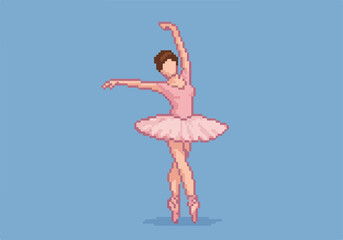 Naklejka premium Pixel art ballerina in arabesque pose on solid blue background. Use decoration