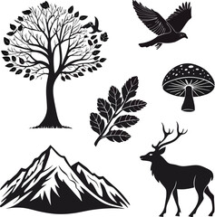Bundle of 6 solid black silhouette designs, including abstract tree, flying bird, curled leaf, mountain outline, mushroom, and deer head. All filled with pure black, no strokes, isolated on whit