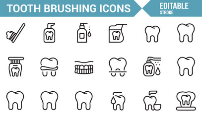 Icon collection showing teeth brushing tools for oral hygiene designs.