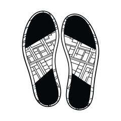 Urban Explorer: Vector illustration of shoe soles with a city map pattern, symbolizing travel, journey, and exploration.