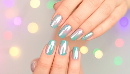 Close-up of stylish mint green nails
