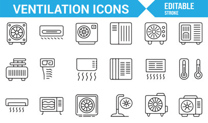 Illustrations of ventilation, fan, and air conditioning icons in modern design.
